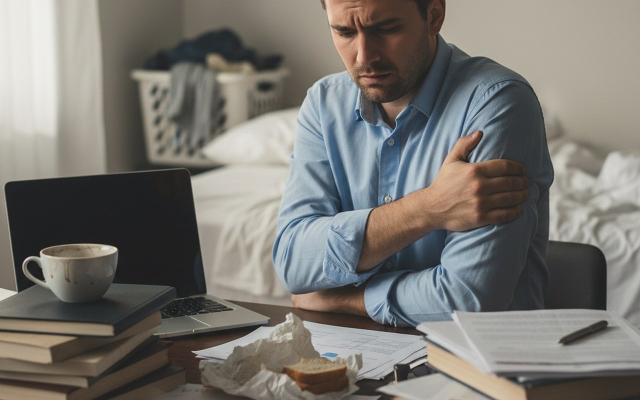 Personne préoccupée par des ganglions enflés sous l'aisselle, symbolisant stress et fatigue.