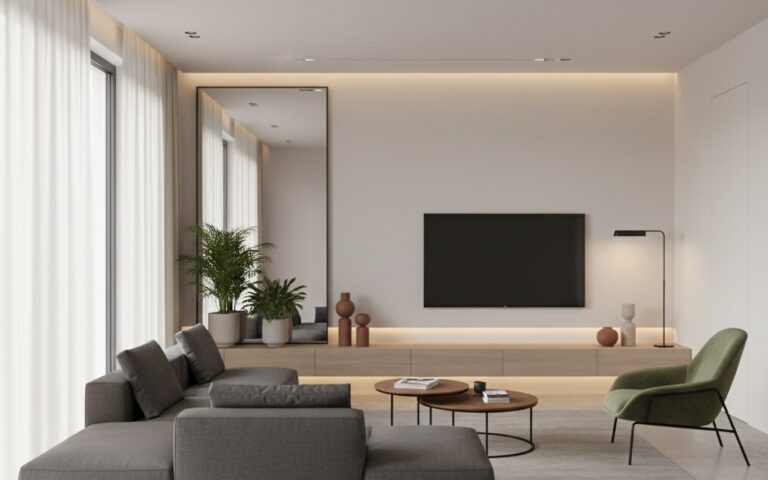 Intérieur moderne avec hauteur sous plafond de 2m40, aménagement optimisé et jeux de lumière.