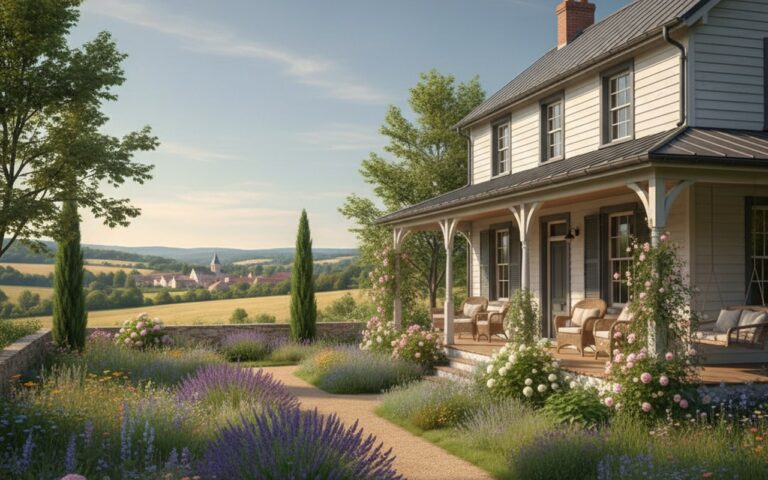 Maison américaine de style Farmhouse avec porche et jardin verdoyant.