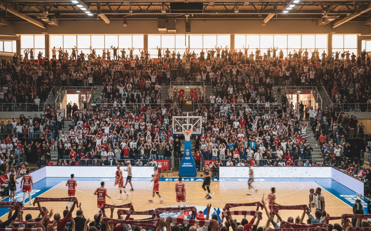 Vue de la Salle Gaston Médecin pendant un match de l'AS Monaco Basket, ambiance électrisante.