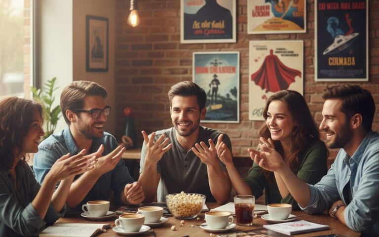 Groupe de passionnés de cinéma discutant autour d'une table avec des affiches de films en arrière-plan.