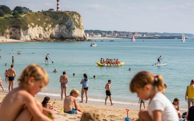 Plage familiale à Pair-sur-Mer avec enfants jouant et activités nautiques.