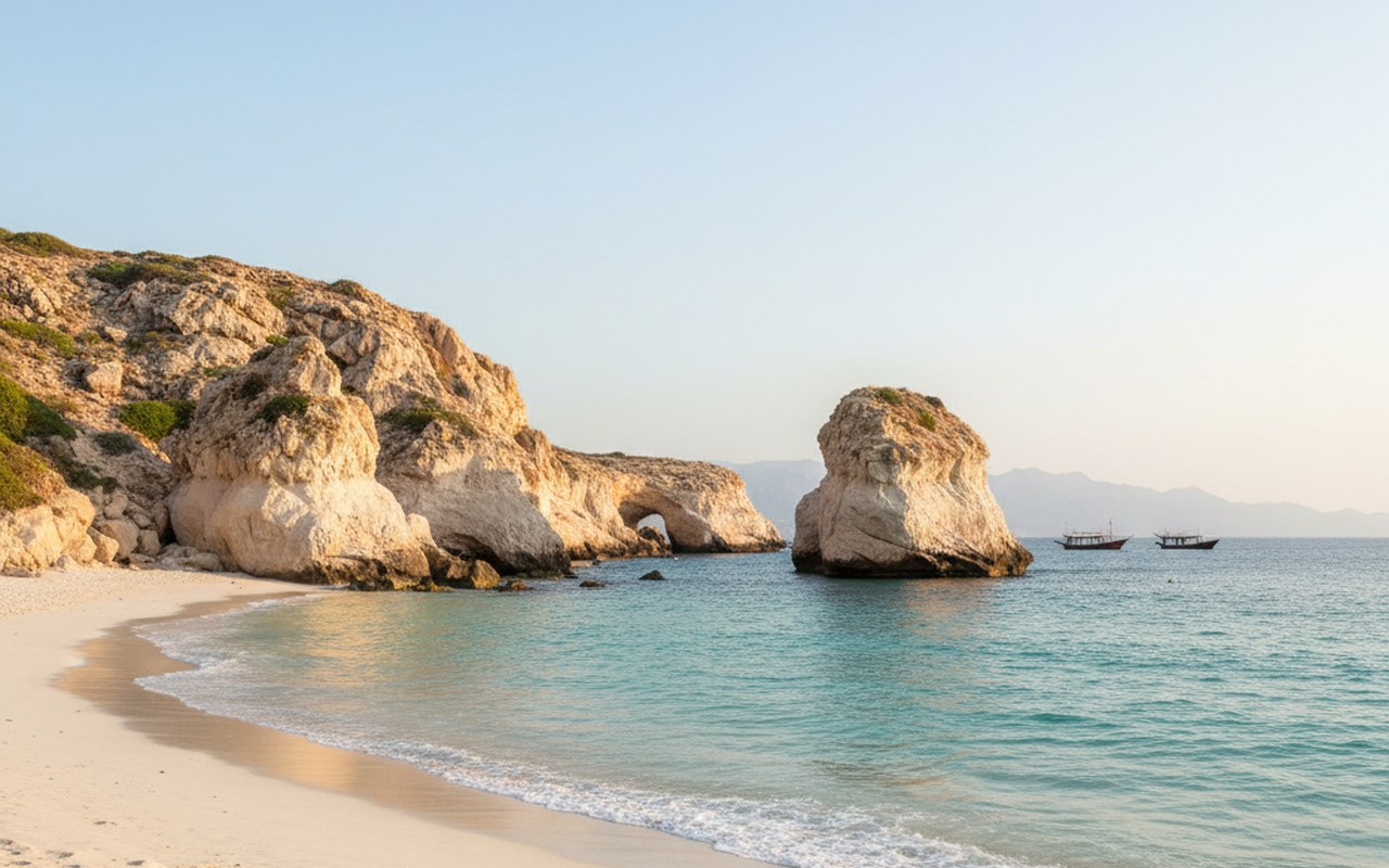 Vue de la plage de Qantab à Oman avec des eaux turquoise et du sable fin