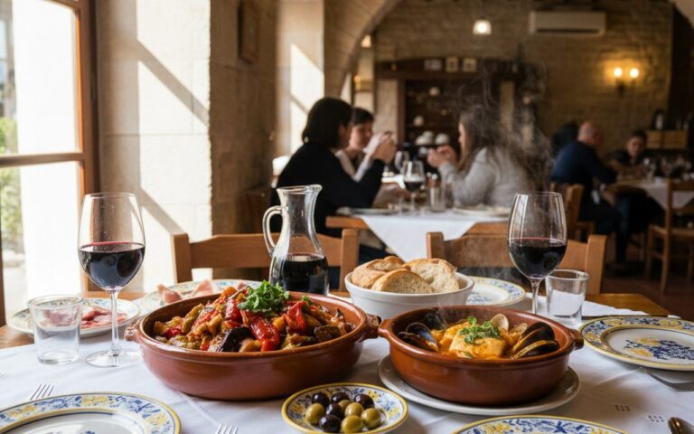 Restaurant typique à Gérone avec des plats catalans traditionnels sur une table accueillante.