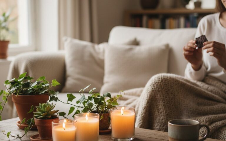 Une personne savourant un chocolat artisanal dans un cadre apaisant, symbolisant le self-care.